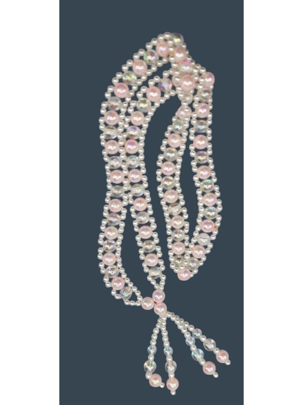 Vintage 1980s Woven Pastel Translucent Bead & Faux Pearl Tassel Necklace 30"